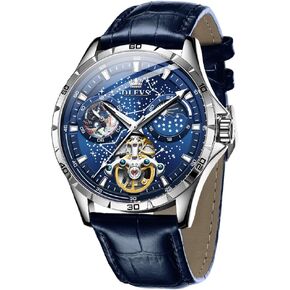 OLEVS Mens Leather Watches Automatic Mechanical Skeleton Tourbillon Diamond Luxury Self Winding Dress Wrist Watches Moon Phase Waterproof Luminous