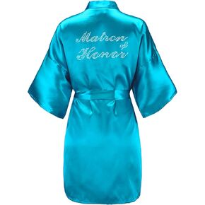 EPLAZA Women's One Size Silver Rhinestones Bride Bridesmaid Short Satin Robes for Wedding Party Getting Ready