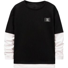 Verdusa Boy's 2 in 1 Color Block Tee Top Letter Patchwork Round Neck Long Sleeve T Shirt