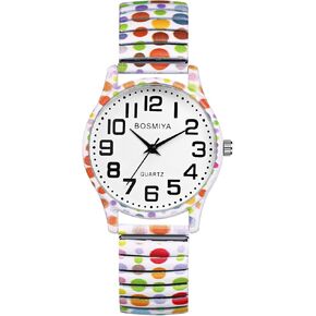 JewelryWe Womens Stretch Band Watches: Easy Reader Analog Quartz Elastic Watch Casual Floral Expansion Band Wristwatch for Christmas