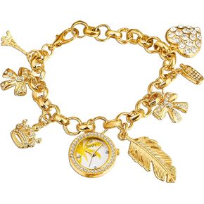 FORSINING Women's Premium Accented Gold-Tone Charm Bracelet Watch