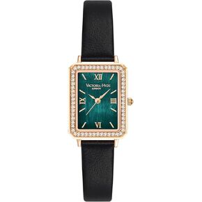 VICTORIA HYDE Gorgeous Women's Watch Green Mother of Pearl Dial Elegant Timepiece Rectangular Face Watches with Black Leather Band (Black/Crystal)