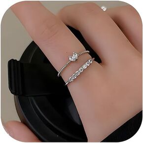 2 Pcs Cubic Zirconia Heart Rings for Women Adjustable Stackable Diamond Heart Rings Wedding Promise Engagement Heart Rings