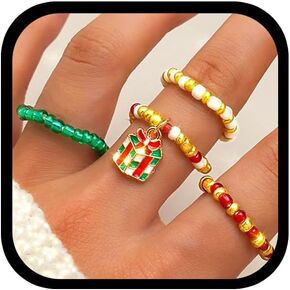 GRAEEN Christmas Rings Bead Ring Set Colorful Beaded Stacking Ring with Santa Gift Charm Elastic Finger Rings Jewelry for Women