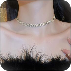Long tiantian Rhinestone Necklace for Women Multi Layered Rhinestone Choker Necklace Sparkly Crystal Necklace Silver Wedding Prom Jewelry Accessories
