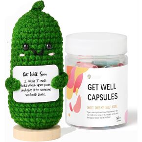 Get Well Soon Gifts for Women Men,Positive Message In A Bottle Funny Knitted Cucumber with Card, Self Care Gifts for Women After Surgery, Cancer Gifts, Feel Better Gifts