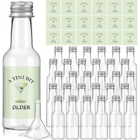 30 Pack 1.7oz a Tini Bit Older Mini Liquor Bottles Plastic Alcohol Bottles with Caps and Labels Birthday Party Decoration Small Plastic Bottle with 5 Funnels for Birthday Celebration Party Favor