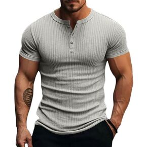 Mens Henley Shirt Muscle Polo Shirts for Men Short Sleeve Ribbed Golf Tees Slim Fit Stretch T Shirt