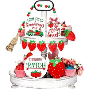 10 Pcs Summer Tiered Tray Decor Farmhouse Wood Tiered Tray Decor Lemon Watermelon Strawberry Sunflower Decor Kitchen Standing Sign Bead Garland Banner for Home Decor(Strawberry Theme)