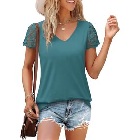 SAMPEEL المرأة بلايز العصرية بلوزات على الموضة الدانتيل قصيرة الأكمام الأعمال تي شيرت عادية محبوك البلوزات ملابس الصيف 2025 in Kuwait