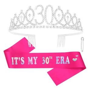 YARIEW 40th Birthday Decorations, 40th Birthday Crown + 40 & Fabulous Birthday Sash + Pearl Pin Set, 40th Birthday Gifts for Women, 40th Birthday Party Favor, Hot Pink