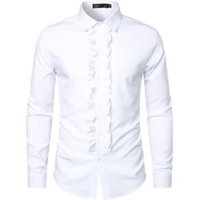 Kinkia Mens Tuxedo Shirts Slim Fit Long Sleeve Button Down Pleated Dress Shirt Tops for Prom Party Wedding(KK0026-White01-2XL)