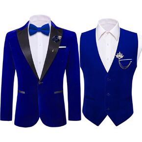 Barry.Wang Men's Velvet Suit Vest Blazer Blue Sport Coat Brooch Waistcoat Tuxedo Set for Prom Wedding Party Dinner Gift Lightweight S