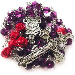 Lourdes Purple Crystal Cut Red Rose Rosary Beads Catholic for Women,Catholic Rosary,Rosarios Catolicos Para Mujer,Catholic Gifts Women,Rosario Regalos Para Mujer, Acrylic, acrylic