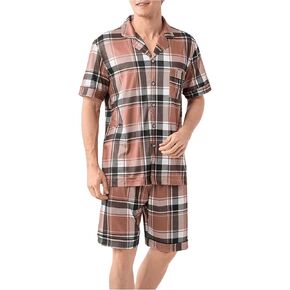 OYOANGLE Men's 2 Piece Pajama Set Plaid Print Button Up Short Sleeve Shirt and Shorts Pj Sleepwear