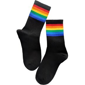 OYOANGLE Women's 1 Pair Striped Rainbow Cat Print Crew Socks Ribbed Knit Socks