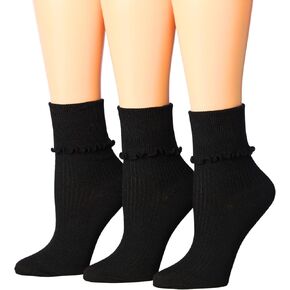 Tipi Toe Womens 3 Pairs Solid Lettuce Edge Lightweight Crew Length With Cuff Ruffle Socks For Women