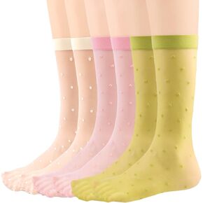Womens Nylon Socks Sheer Knee High Stocking Mid Calf Street Fashion Cute Polka Dots Socks Ultra Stretchy 3Pack