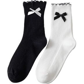 SHENHE Women's 2 Pairs Ruffle Cute Bow Socks Y2K Frilly Knitted Soft Above Ankle Socks