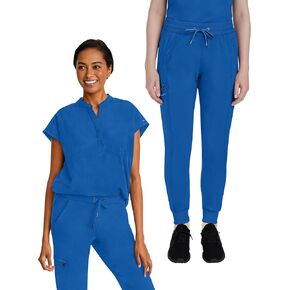 طقم فرك نسائي من Healing Hands، قميص Journey Top 2152، بنطال Toby Jogger مع حزام خصر مطاطي 9244، فرك طبي مع 9 جيوب، Royal- M Top/M Petite Pant in Kuwait