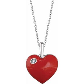 Solitaire .02 CT Diamond Red Enamel Heart Charm Pendant Chain Necklace Secure Lobster Clasp Closure 18" (18mm x 13mm)