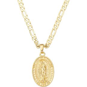 kelistom 14K Gold Plated Virgin Mary Guadalupe Pendant Necklace for Women Men 3mm Flat Figaro Chain Necklace 18/22 inches