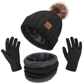 3 Pcs Winter Hat Scarf and Gloves Set for Women, Warm Knit Fleece Lined Beanies Neck Warmer Touchscreen Gloves