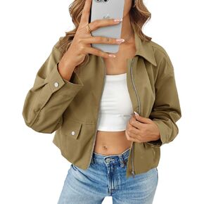 Tankaneo Womens Casual Cropped Jackets Loose Fit Lightweight Zip Up Bomber Utility Anorak Coats with Pockets