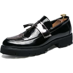 Men's Patent Leather Platform Slip-On Penny Loafers Shoes, Fashion Round Toe Tassel Non-Slip Lug Sole Dress Shoes,for Party Dating Prom