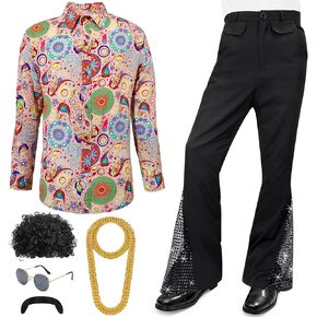 6 Pcs Men's 70s 80s Disco Outfit Costume Dance Bell Bottom Pants Retro Shirts Moustache Sunglasses Wigs Necklace