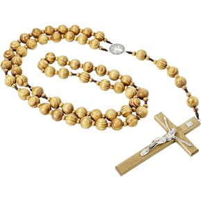 44" Wall Rosary Jesus Cross Saint Benedict Medal Centerpiece，giant Big Beads Rosary Natural Wood Chain