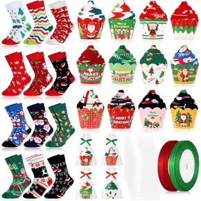 YLOLUL 12 Pairs Christmas Cupcake Socks Gifts for Women Girls Xmas Christmas Tree Elk Socks Bulk Novelty Socks with Gift Wrap