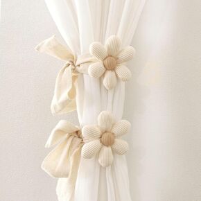 2pcs Curtain Tiebacks, Flower Curtain Ties for Drapes, Curtain Tiebacks with Adjustable Strap, Cotton Holdbacks for Indoor Outdoor Drapes Decor (Beige)