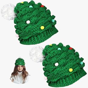 2 Pack Christmas Tree Knitted Hat for Men Women Winter Hat Xmas Holiday Hat Ugly Xmas Sweater Accessory Fuzzy Thick Handmade Knitted Santa Hat Christmas Gift Party Favors Supplies