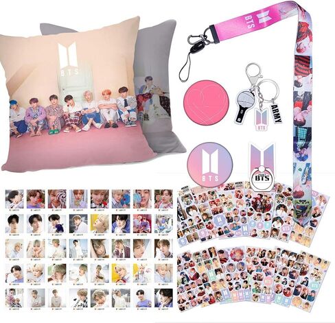 مجموعة هدايا Bangtan Boys Fur Army، Bangtan Boy Merch مع غطاء وسادة مقاس 45 × 45 سم، 1 سلسلة مفاتيح، 1 حامل حلقة للهاتف، 1 حبل قصير، 2 دبوس بروش، 12 ملصقًا، 40 بطاقة صور للأولاد من Bangtan in Saudi Arabia