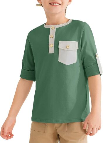 Haloumoning Boys Long Sleeve Shirts Kids Casual Henley Collared T-Shirts Tops Tees 4-14 Years in Saudi Arabia