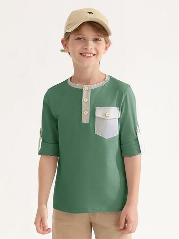 Haloumoning Boys Long Sleeve Shirts Kids Casual Henley Collared T-Shirts Tops Tees 4-14 Years in Saudi Arabia