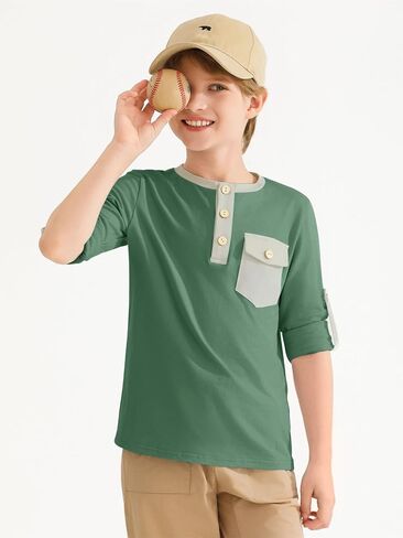 Haloumoning Boys Long Sleeve Shirts Kids Casual Henley Collared T-Shirts Tops Tees 4-14 Years in Saudi Arabia