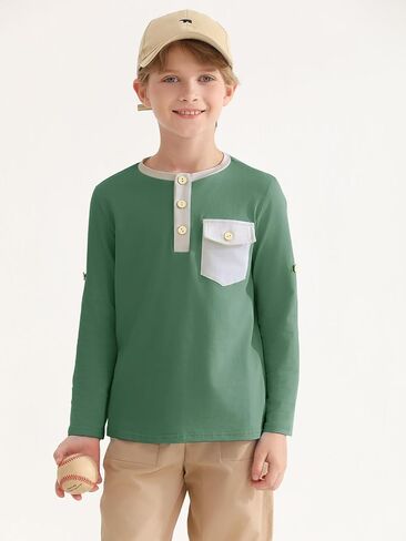 Haloumoning Boys Long Sleeve Shirts Kids Casual Henley Collared T-Shirts Tops Tees 4-14 Years in Saudi Arabia