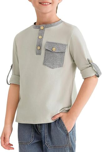 Haloumoning Boys Long Sleeve Shirts Kids Casual Henley Collared T-Shirts Tops Tees 4-14 Years in Saudi Arabia