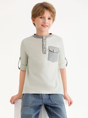 Haloumoning Boys Long Sleeve Shirts Kids Casual Henley Collared T-Shirts Tops Tees 4-14 Years in Saudi Arabia