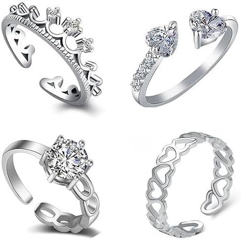 Cubic Zirconia Rhodium Plated Brass Rings for Women, Set of 4, Silver in Saudi Arabia