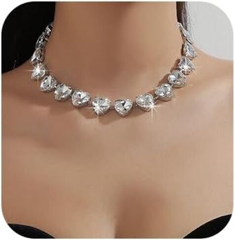 Denifery Rhinestone Heart Choker Necklace Jewelry Sparkly Crystal Heart Neck Chain Heart Statement Necklace for Women in Saudi Arabia