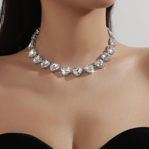 Denifery Rhinestone Heart Choker Necklace Jewelry Sparkly Crystal Heart Neck Chain Heart Statement Necklace for Women in Saudi Arabia