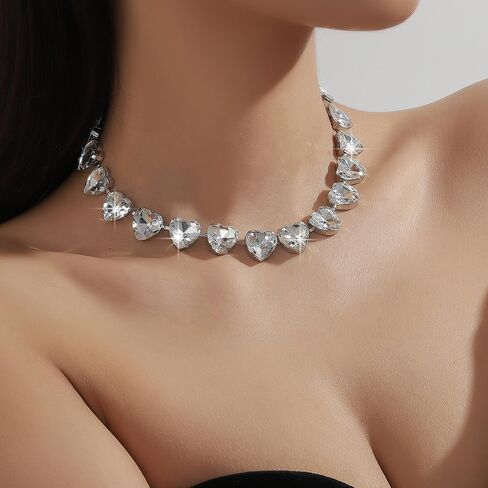 Denifery Rhinestone Heart Choker Necklace Jewelry Sparkly Crystal Heart Neck Chain Heart Statement Necklace for Women in Saudi Arabia