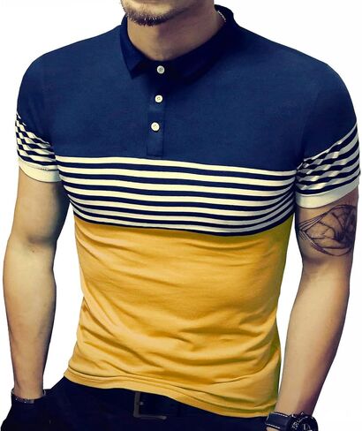 LOGEEYAR Mens Summer Slim Fit Contrast Color Stitching Stripe Short Sleeve Polo Casual T-Shirts in Saudi Arabia