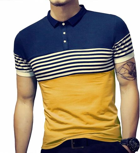 LOGEEYAR Mens Summer Slim Fit Contrast Color Stitching Stripe Short Sleeve Polo Casual T-Shirts in Saudi Arabia