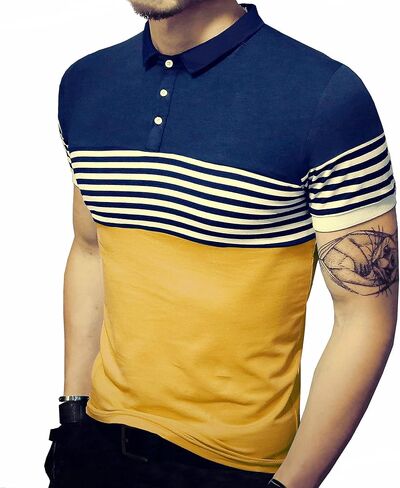 LOGEEYAR Mens Summer Slim Fit Contrast Color Stitching Stripe Short Sleeve Polo Casual T-Shirts in Saudi Arabia