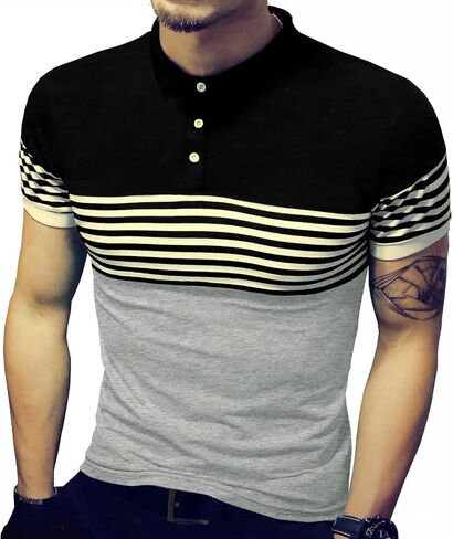 LOGEEYAR Mens Summer Slim Fit Contrast Color Stitching Stripe Short Sleeve Polo Casual T-Shirts in Saudi Arabia
