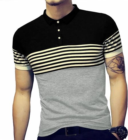 LOGEEYAR Mens Summer Slim Fit Contrast Color Stitching Stripe Short Sleeve Polo Casual T-Shirts in Saudi Arabia